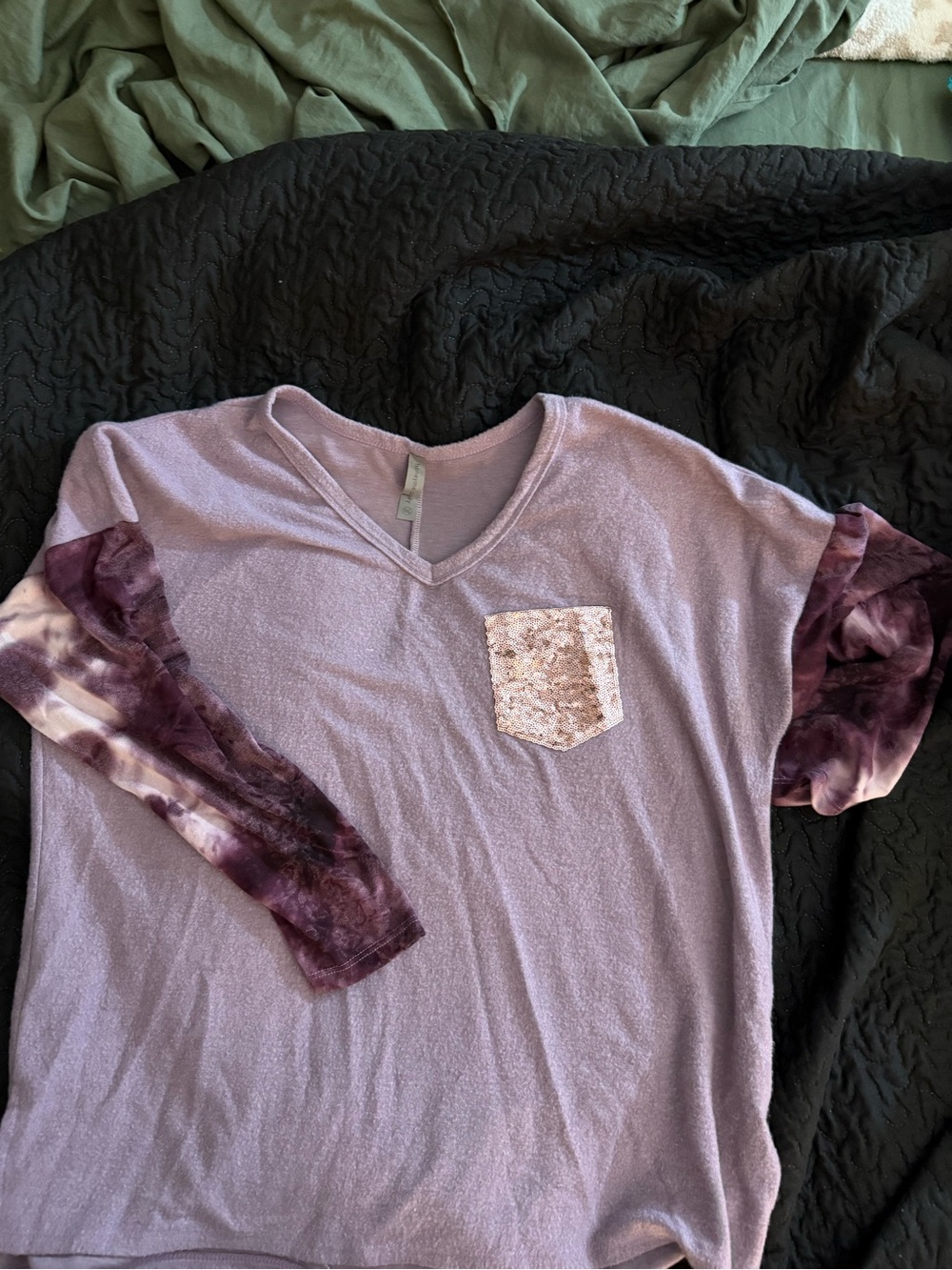Honeyme Lavender V-Neck Long-Sleeve Top with Tie-Dye Sleeves and Sequin Pocket